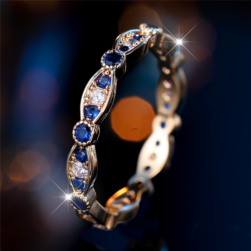 Luxury Golden Tone Graceful Eternity Ring with Blue & Clear Zirconia